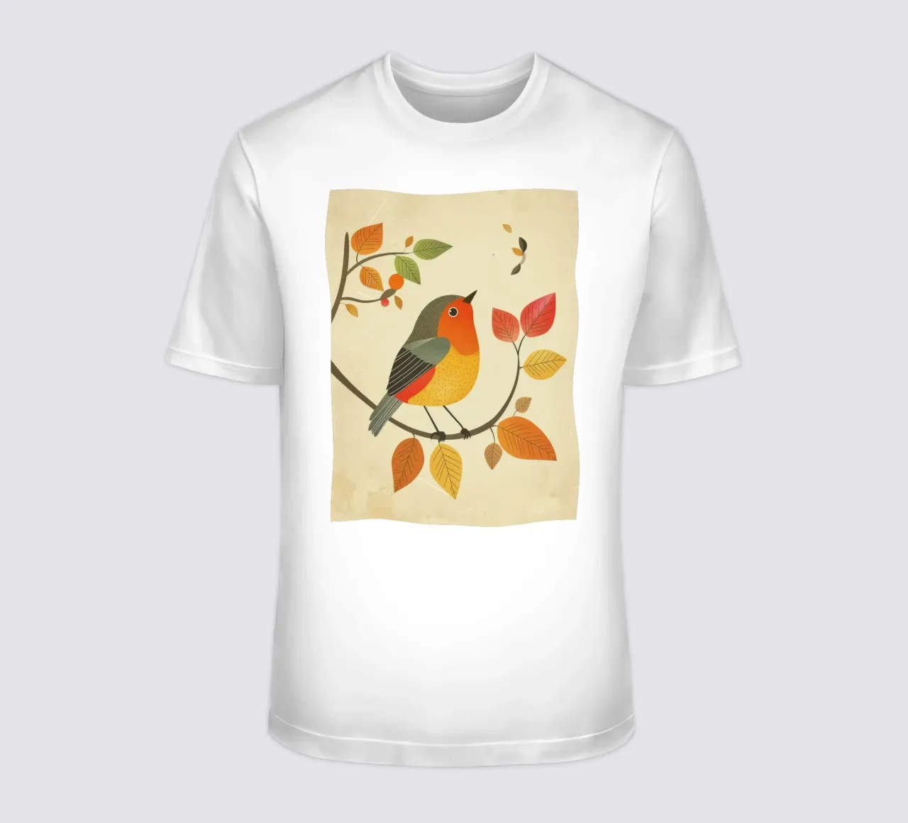 Bird perched on branch surrounded by warm autumn leaves t-shirt by DesignDoodle