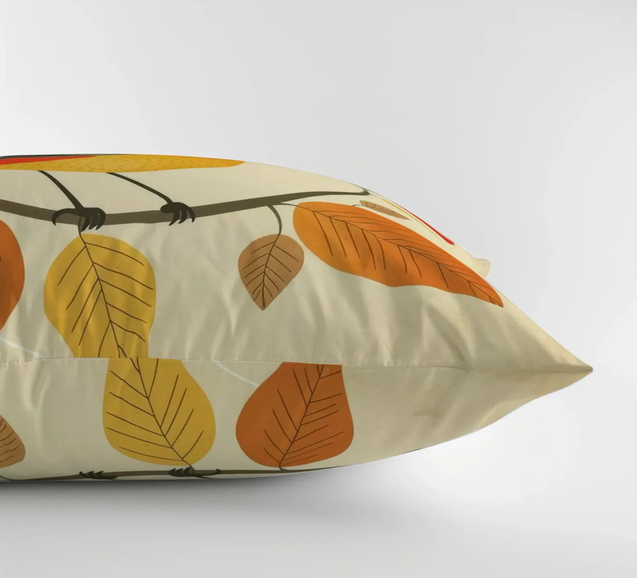 Bird perched on branch surrounded by warm autumn leaves decorative cushion by DesignDoodle