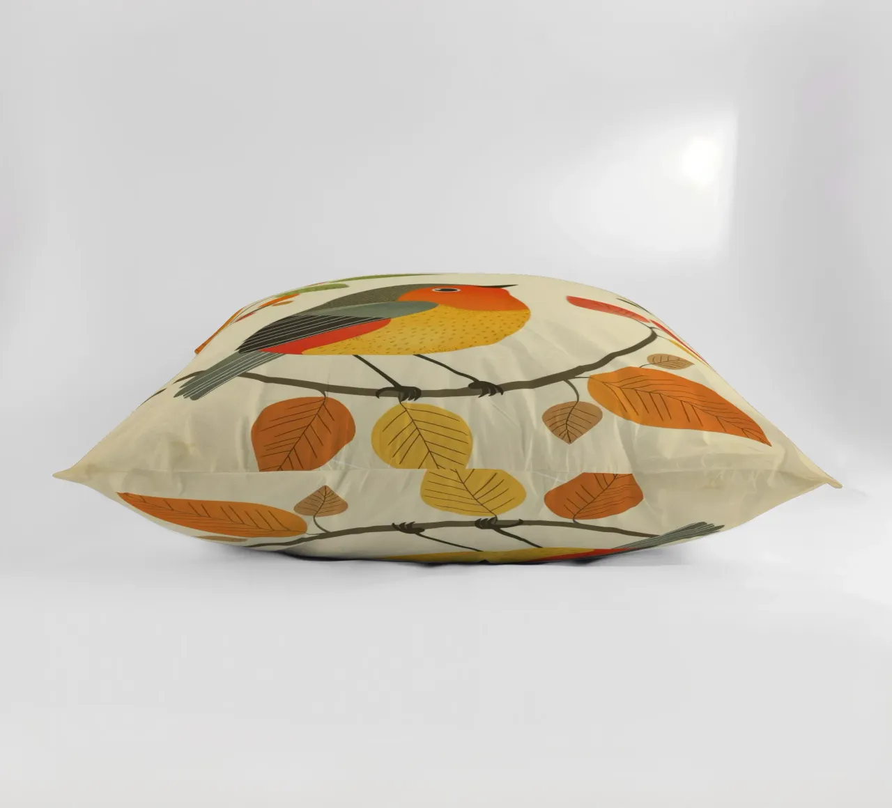 Bird perched on branch surrounded by warm autumn leaves decorative cushion by DesignDoodle