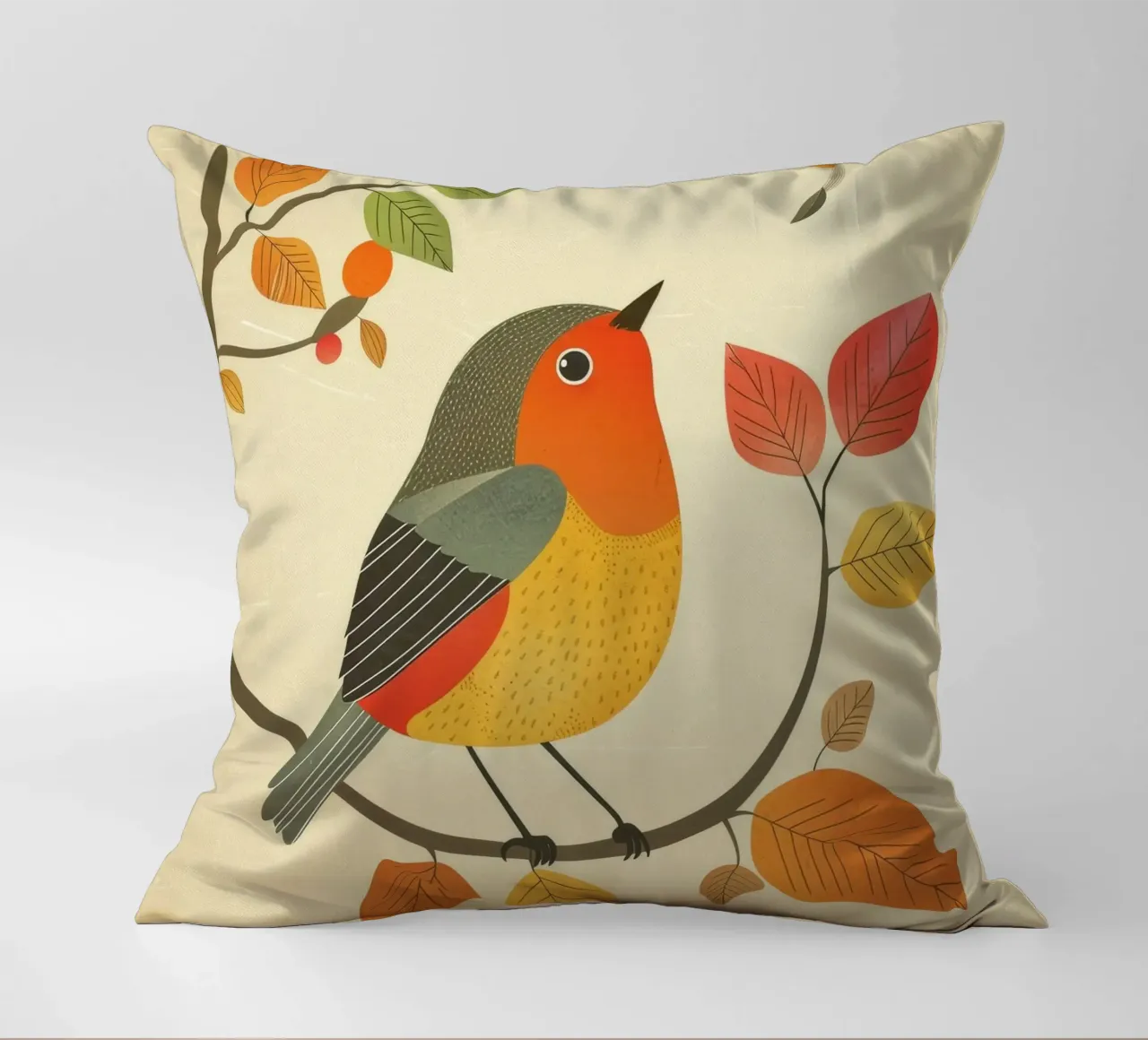 Bird perched on branch surrounded by warm autumn leaves decorative cushion by DesignDoodle