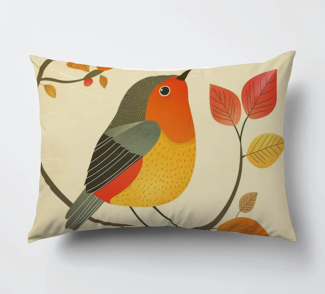 Bird perched on branch surrounded by warm autumn leaves decorative cushion by DesignDoodle