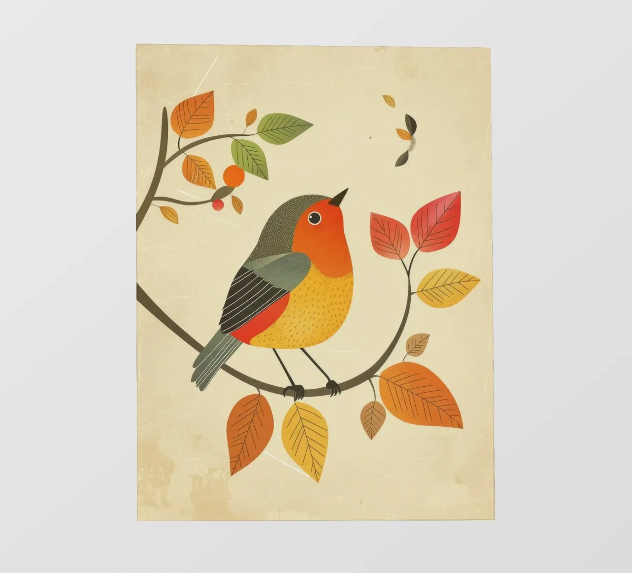 Bird perched on branch surrounded by warm autumn leaves backlit film by DesignDoodle