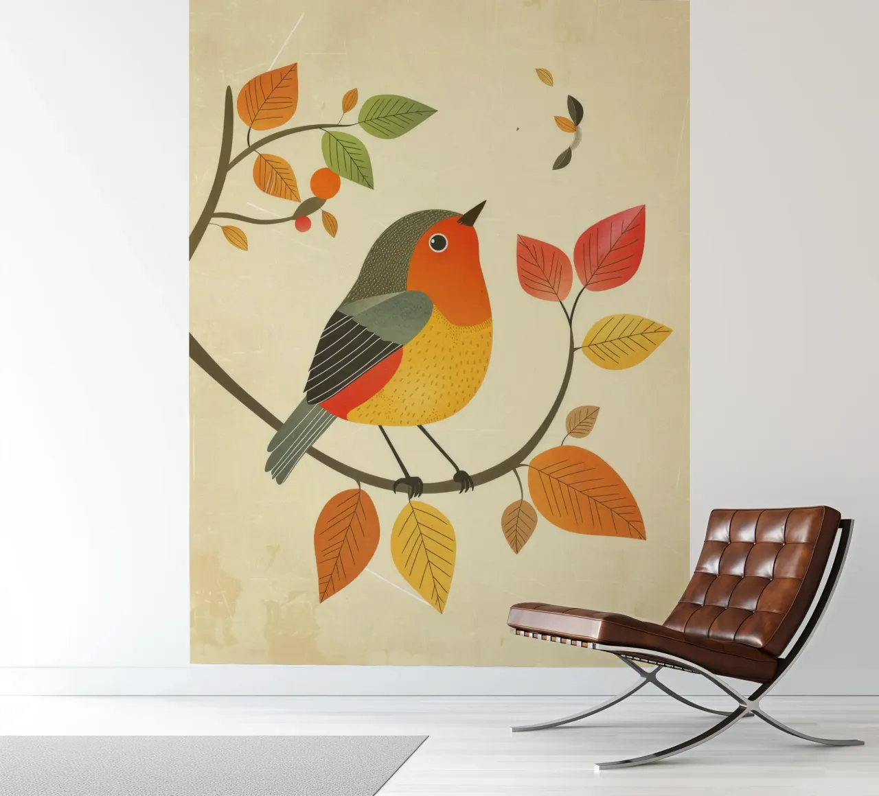 Bird perched on branch surrounded by warm autumn leaves photo wallpaper by DesignDoodle