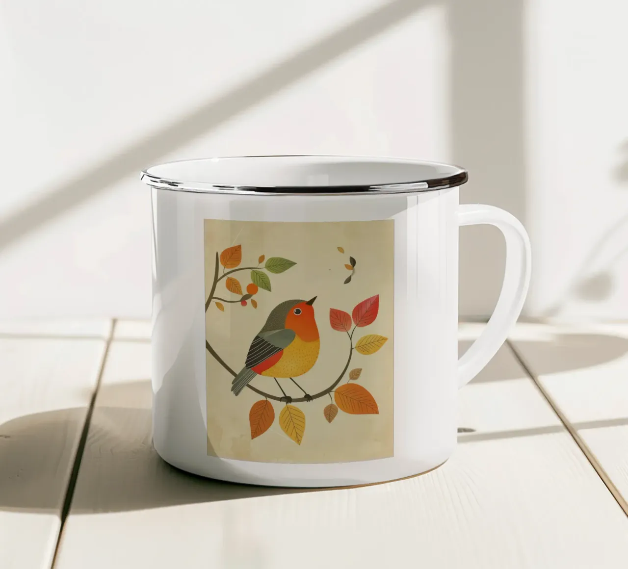 Uccello appollaiato su un ramo circondato da calde foglie autunnali tazza in smalto da DesignDoodle