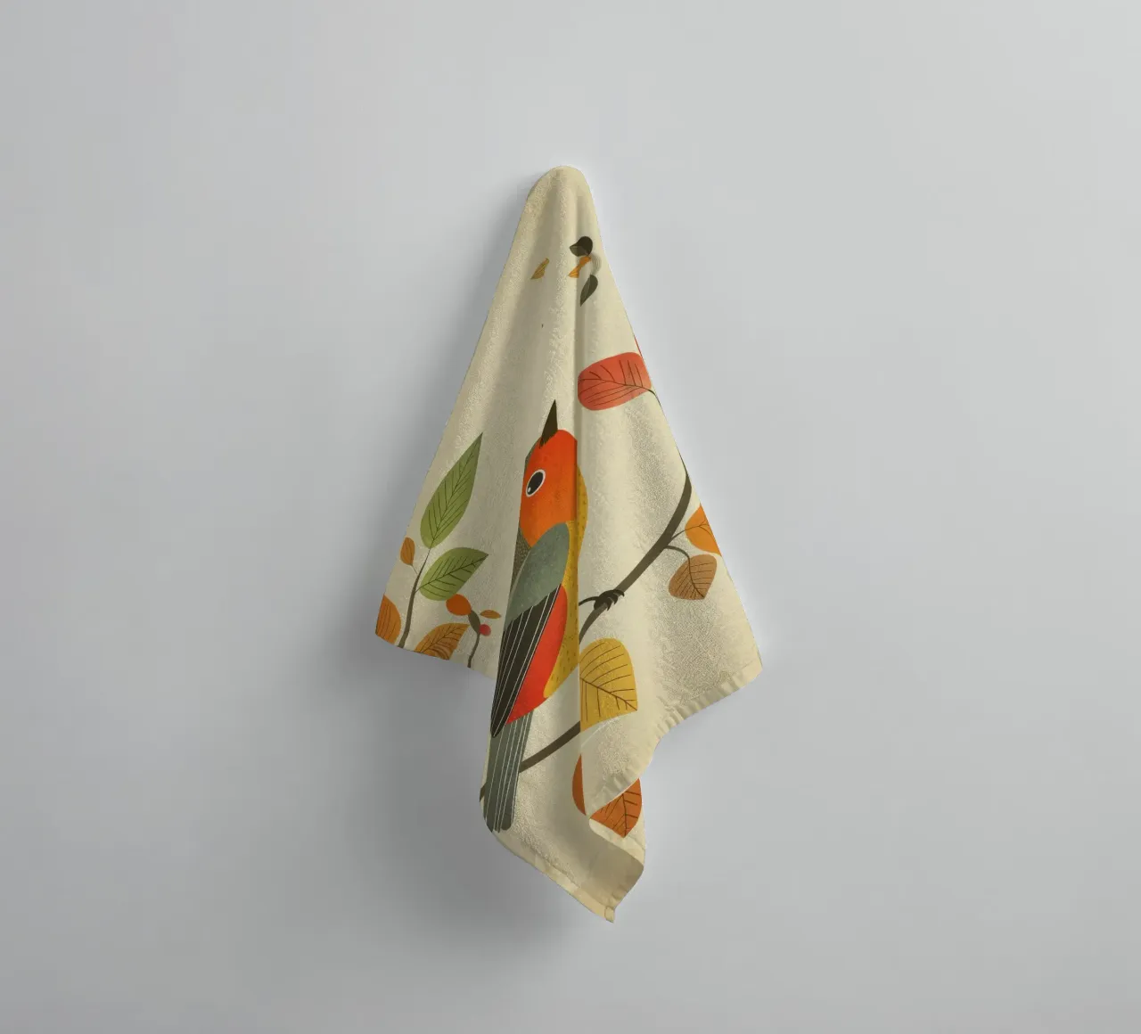 Bird perched on branch surrounded by warm autumn leaves towel by DesignDoodle