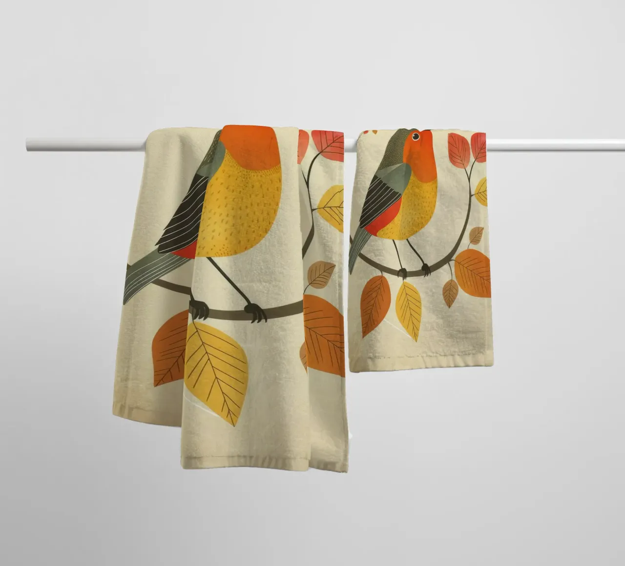 Bird perched on branch surrounded by warm autumn leaves towel by DesignDoodle