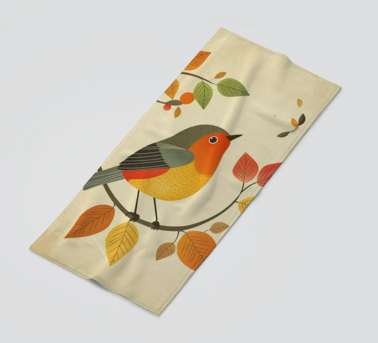Bird perched on branch surrounded by warm autumn leaves beach towel by DesignDoodle