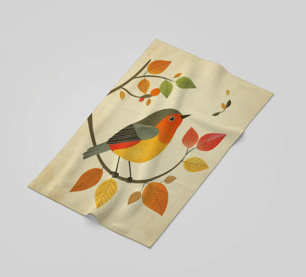 Bird perched on branch surrounded by warm autumn leaves beach towel by DesignDoodle