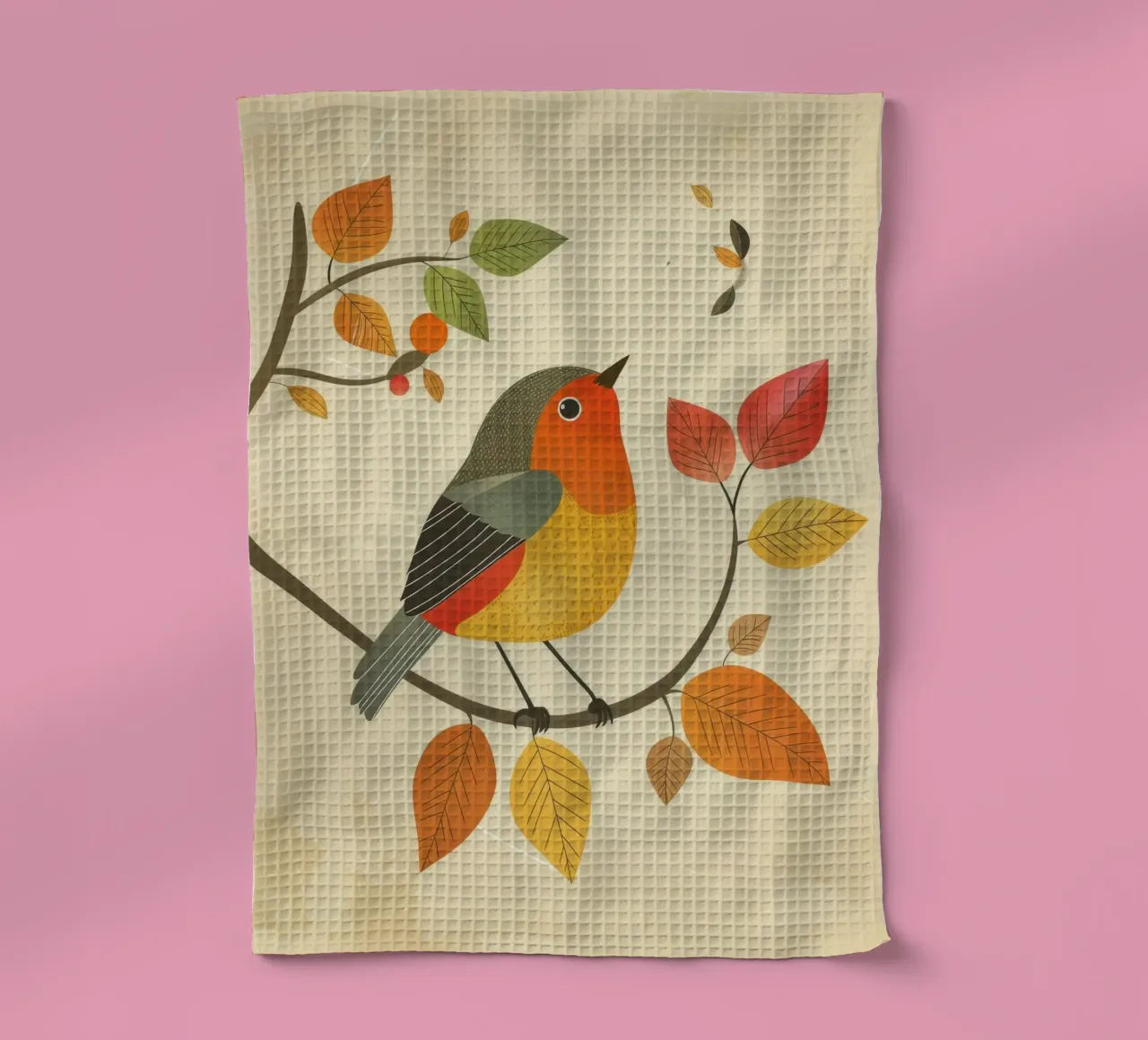 Oiseau perché sur une branche entouré de feuilles d'automne chaudes torchon de DesignDoodle