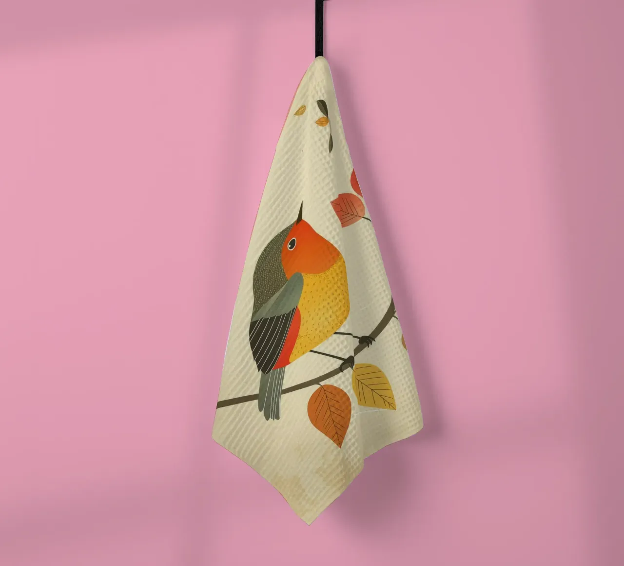 Oiseau perché sur une branche entouré de feuilles d'automne chaudes torchon de DesignDoodle
