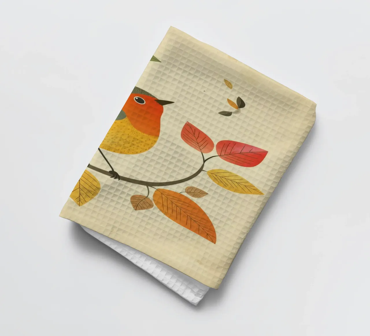 Oiseau perché sur une branche entouré de feuilles d'automne chaudes torchon de DesignDoodle