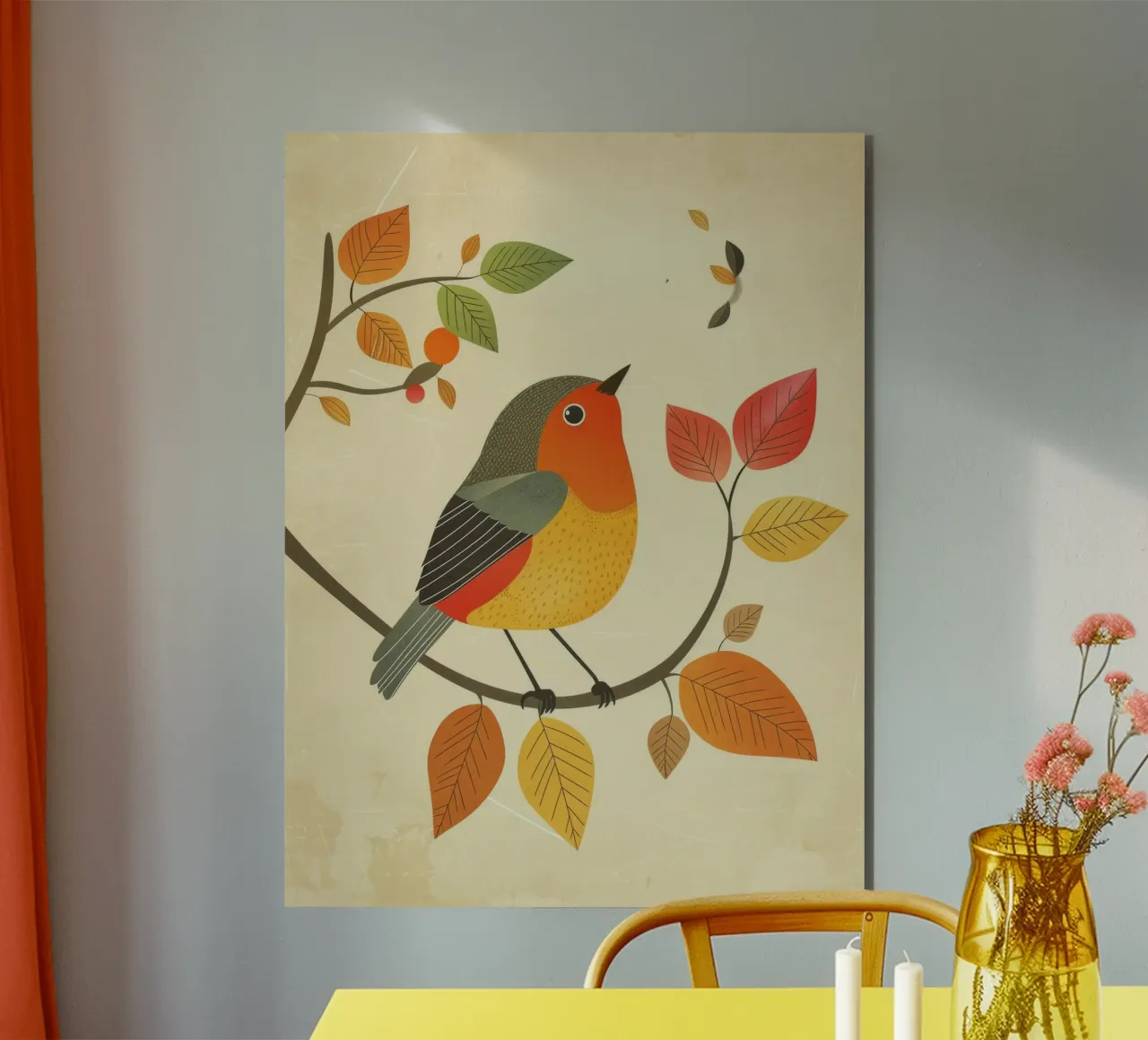 Vogel auf einem Ast, umgeben von warmen Herbstblättern Alu-Dibond von DesignDoodle