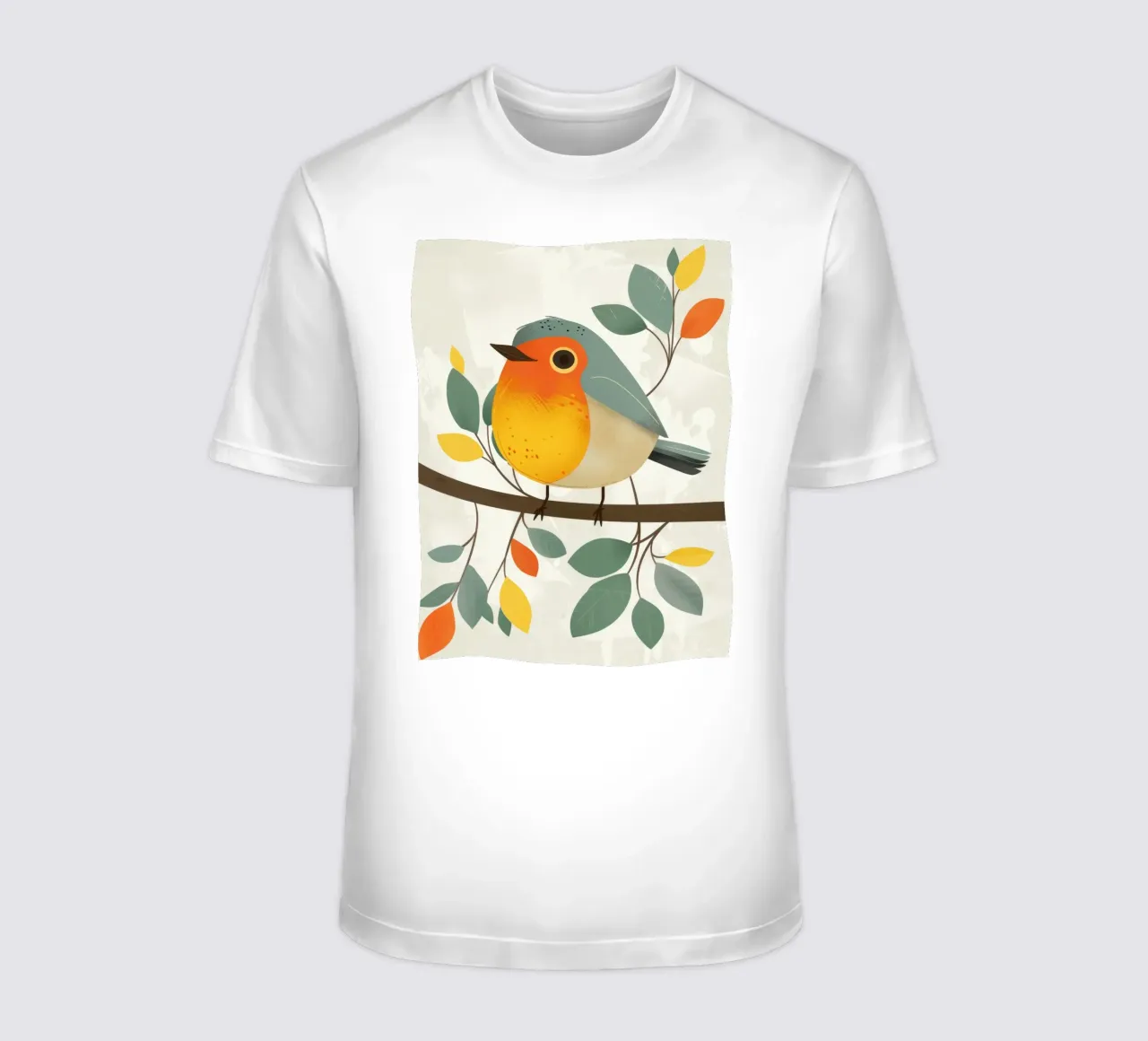 Uccello appollaiato su un ramo con foglie in un giardino t-shirt da DesignDoodle