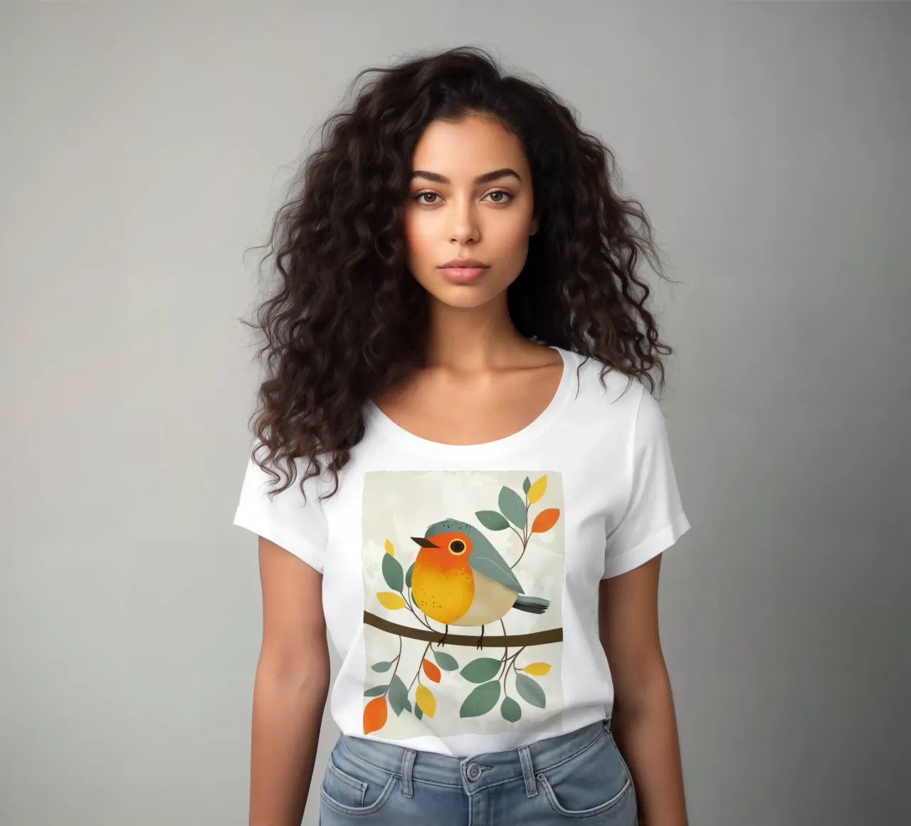 Uccello appollaiato su un ramo con foglie in un giardino t-shirt da donna da DesignDoodle