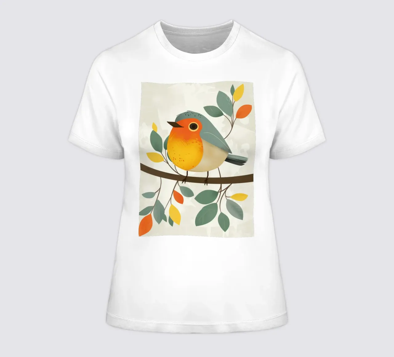 Uccello appollaiato su un ramo con foglie in un giardino t-shirt da donna da DesignDoodle