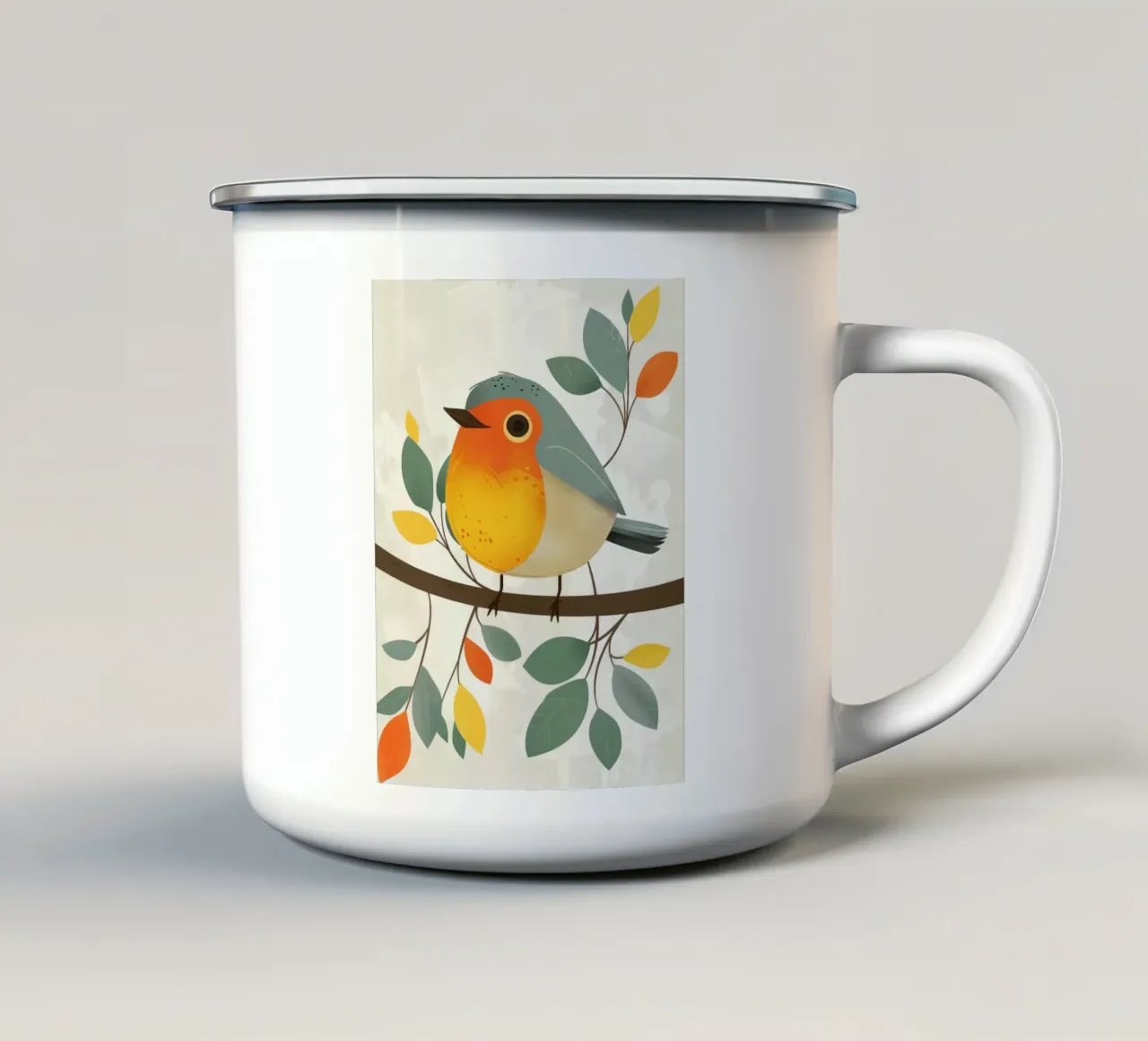 Uccello appollaiato su un ramo con foglie in un giardino tazza in smalto da DesignDoodle