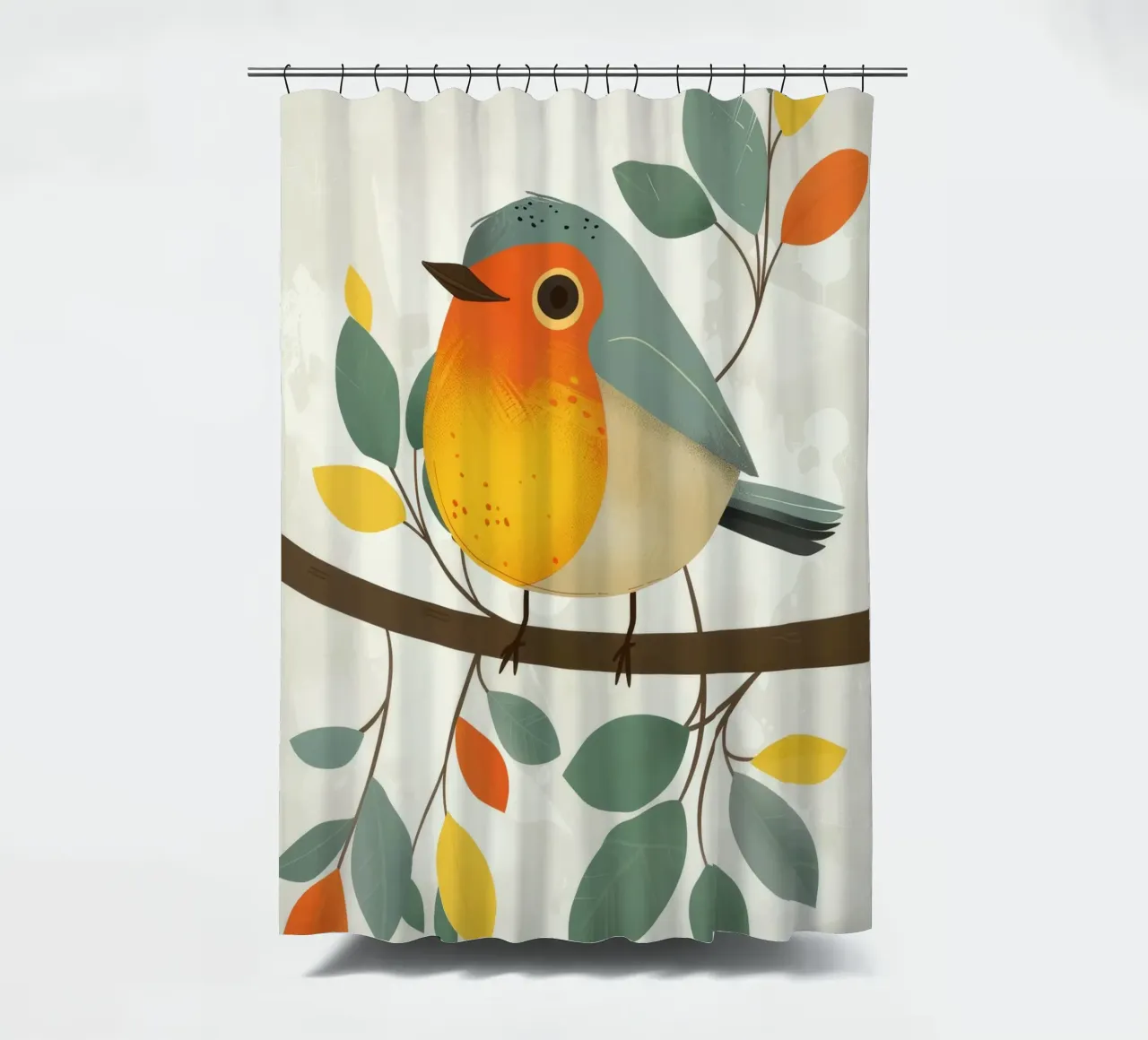 Uccello appollaiato su un ramo con foglie in un giardino tenda da doccia da DesignDoodle