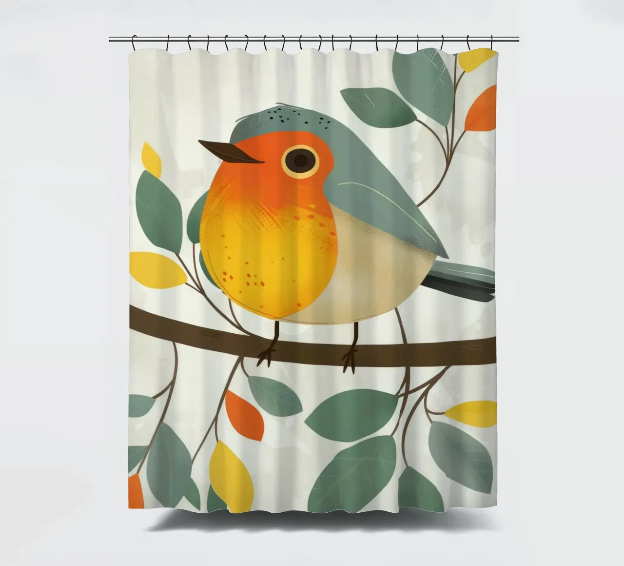 Uccello appollaiato su un ramo con foglie in un giardino tenda da doccia da DesignDoodle