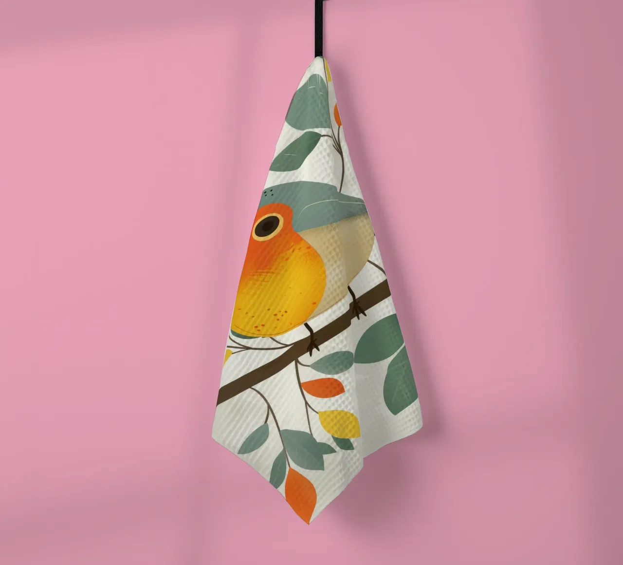 Uccello appollaiato su un ramo con foglie in un giardino canovaccio da cucina da DesignDoodle