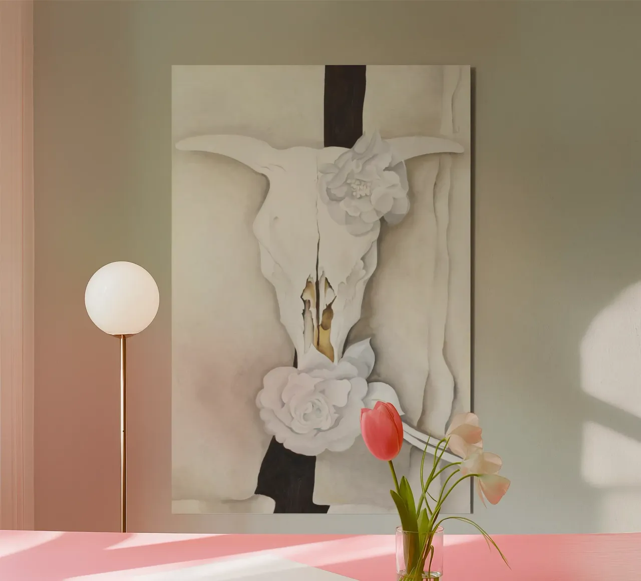 Teschio di mucca con rose di Calico di Georgia O'Keeffe alluminio dibond da Classic Art Prints