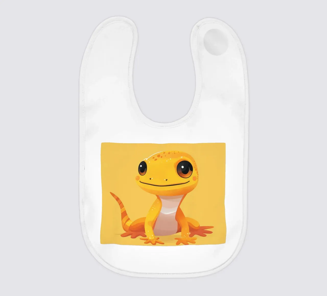 Cute cartoon gecko character with bright colors and friendly baby bib by DesignDoodle