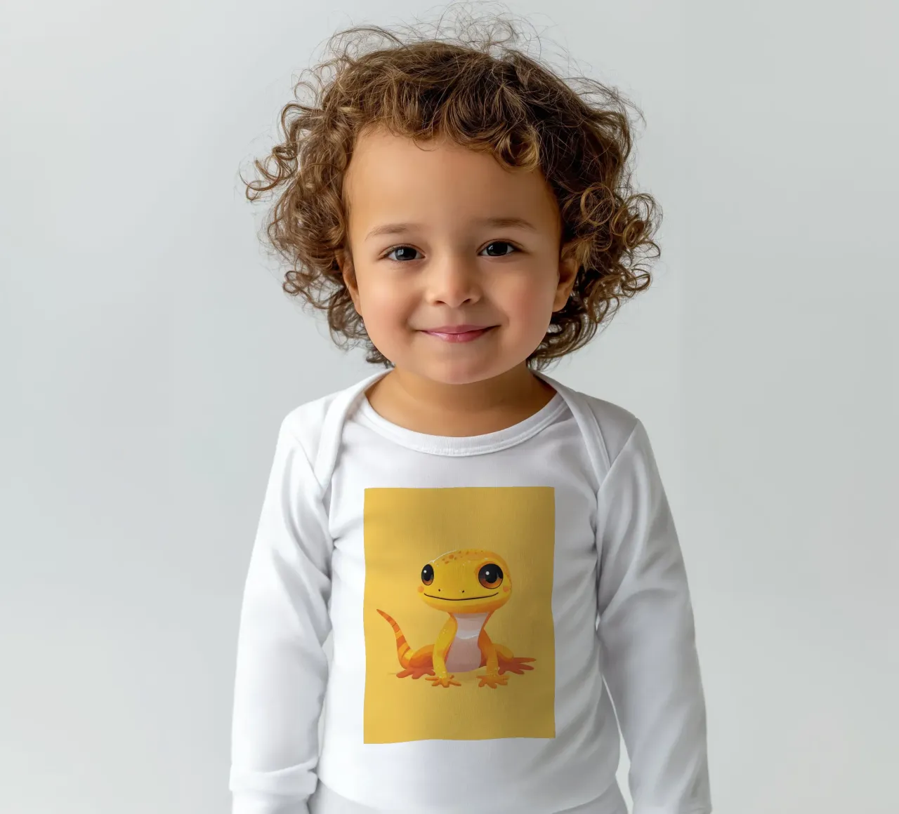 Cute cartoon gecko character with bright colors and friendly long-sleeve baby romper by DesignDoodle