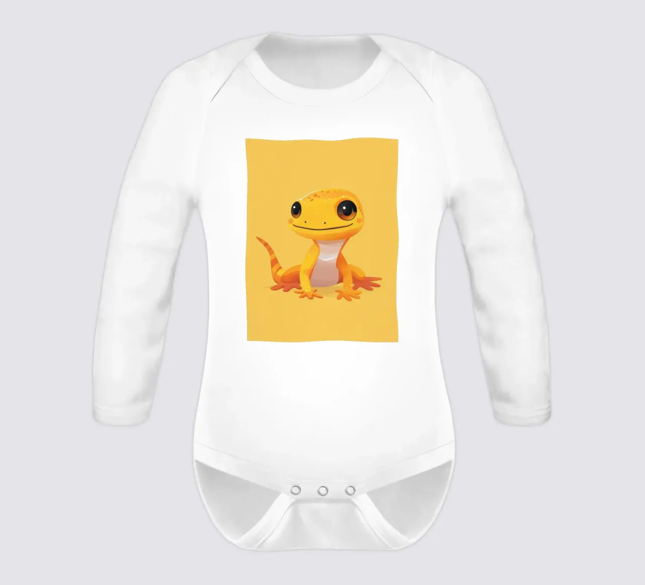 Cute cartoon gecko character with bright colors and friendly long-sleeve baby romper by DesignDoodle