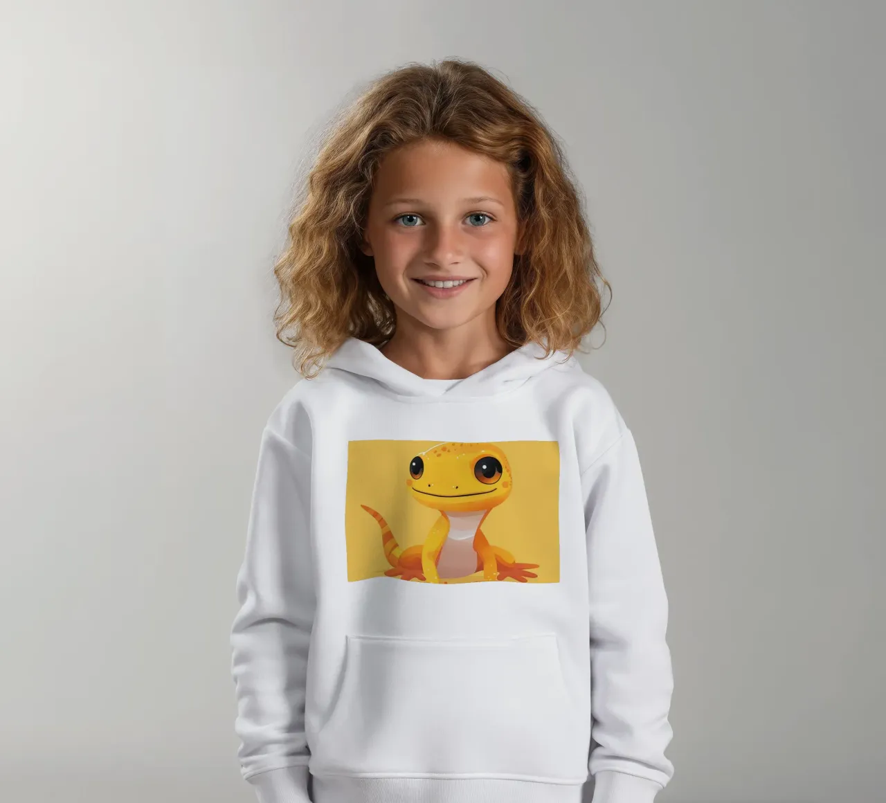 Cute cartoon gecko character with bright colors and friendly kids hoodie by DesignDoodle