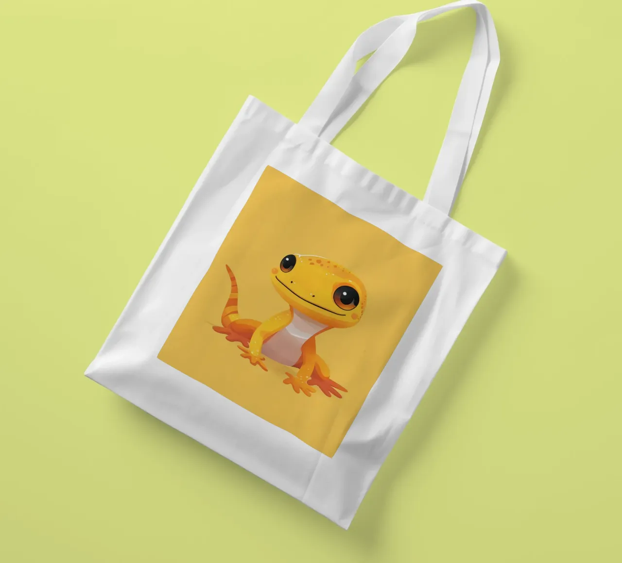 Cute cartoon gecko character with bright colors and friendly tote bag by DesignDoodle
