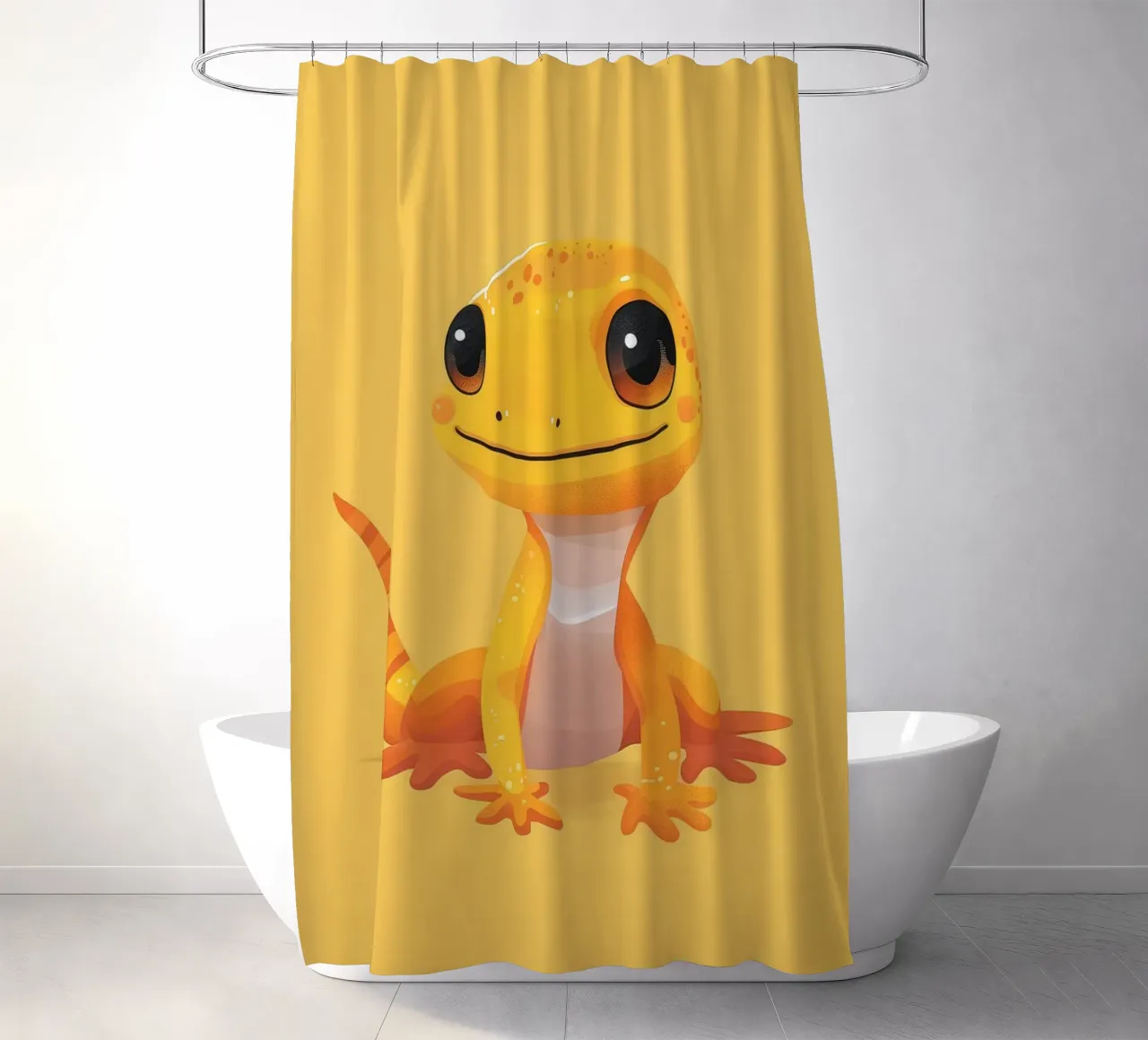 Cute cartoon gecko character with bright colors and friendly shower curtain by DesignDoodle