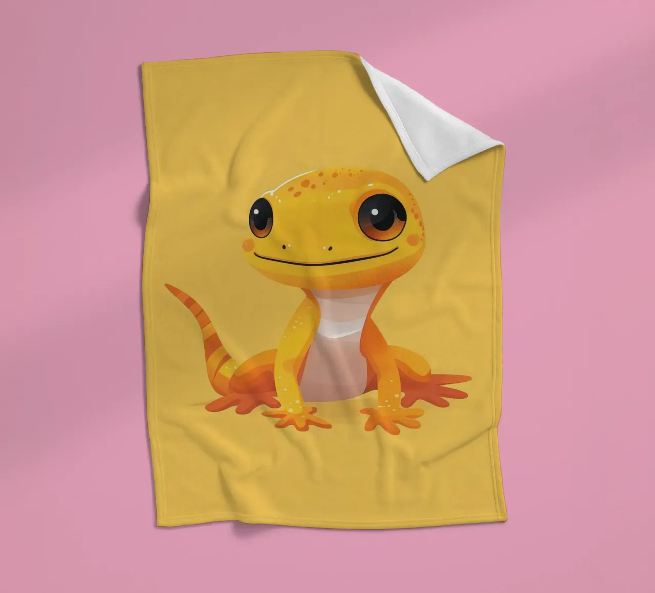Cute cartoon gecko character with bright colors and friendly fleece blanket by DesignDoodle