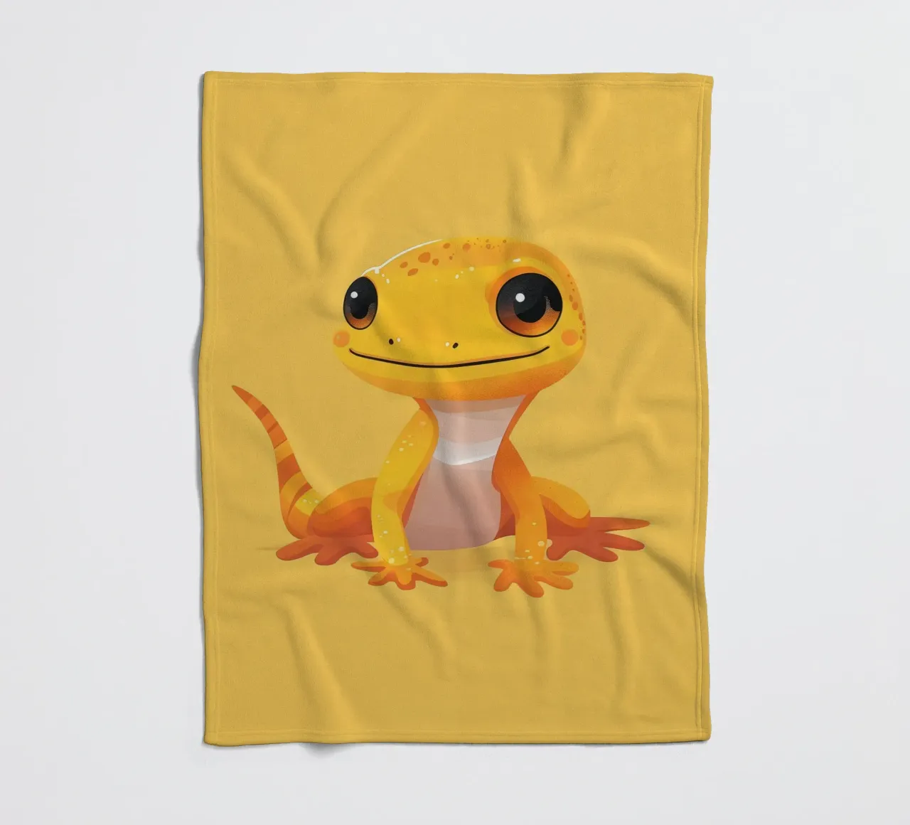 Cute cartoon gecko character with bright colors and friendly fleece blanket by DesignDoodle