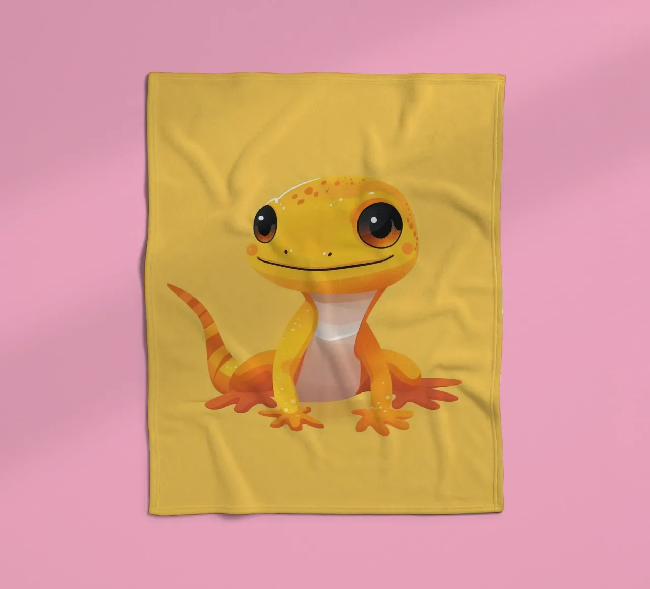 Cute cartoon gecko character with bright colors and friendly fleece blanket by DesignDoodle