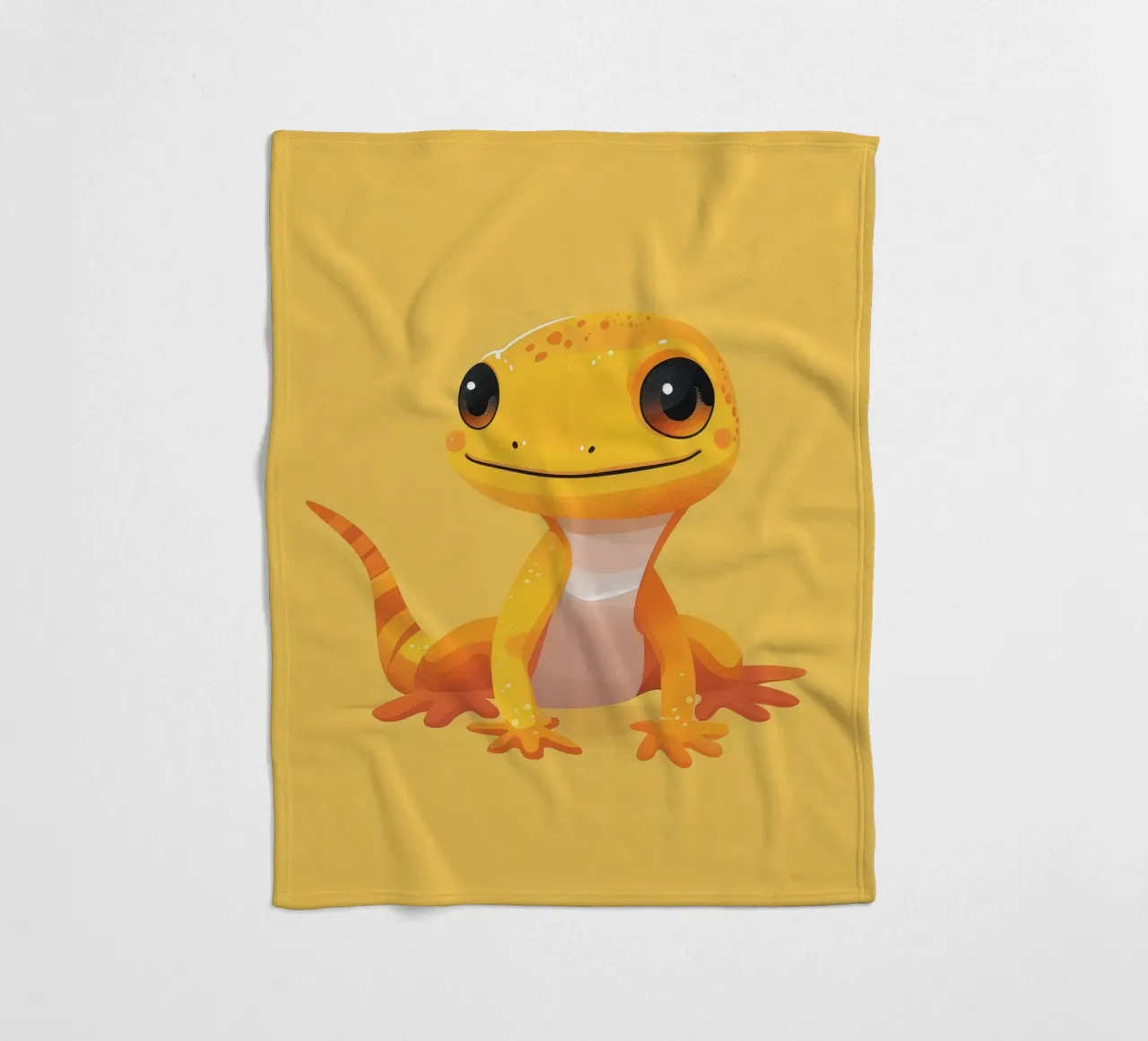 Cute cartoon gecko character with bright colors and friendly fleece blanket by DesignDoodle