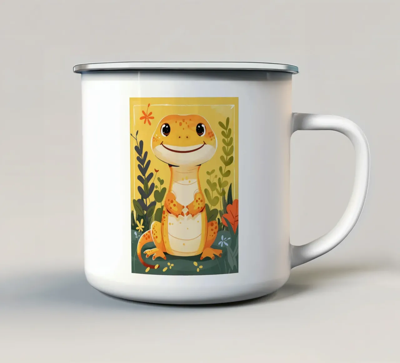 Niedliche anthropomorphe Eidechse steht inmitten von üppigem Grün Emaille Tasse von DesignDoodle