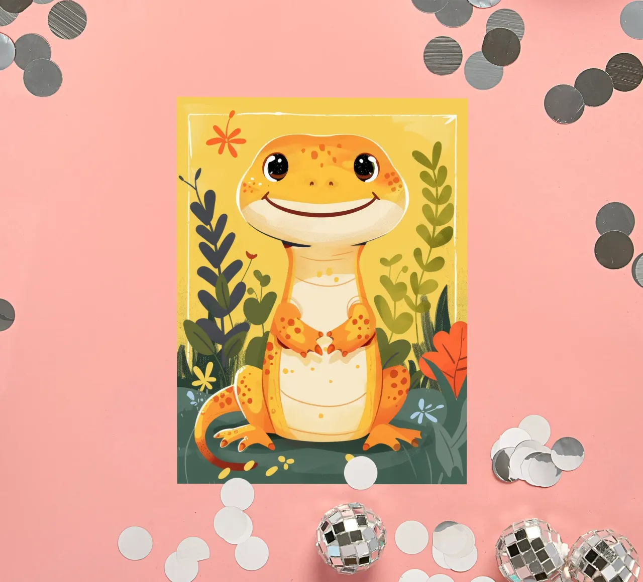 Niedliche anthropomorphe Eidechse steht inmitten von üppigem Grün Sticker von DesignDoodle