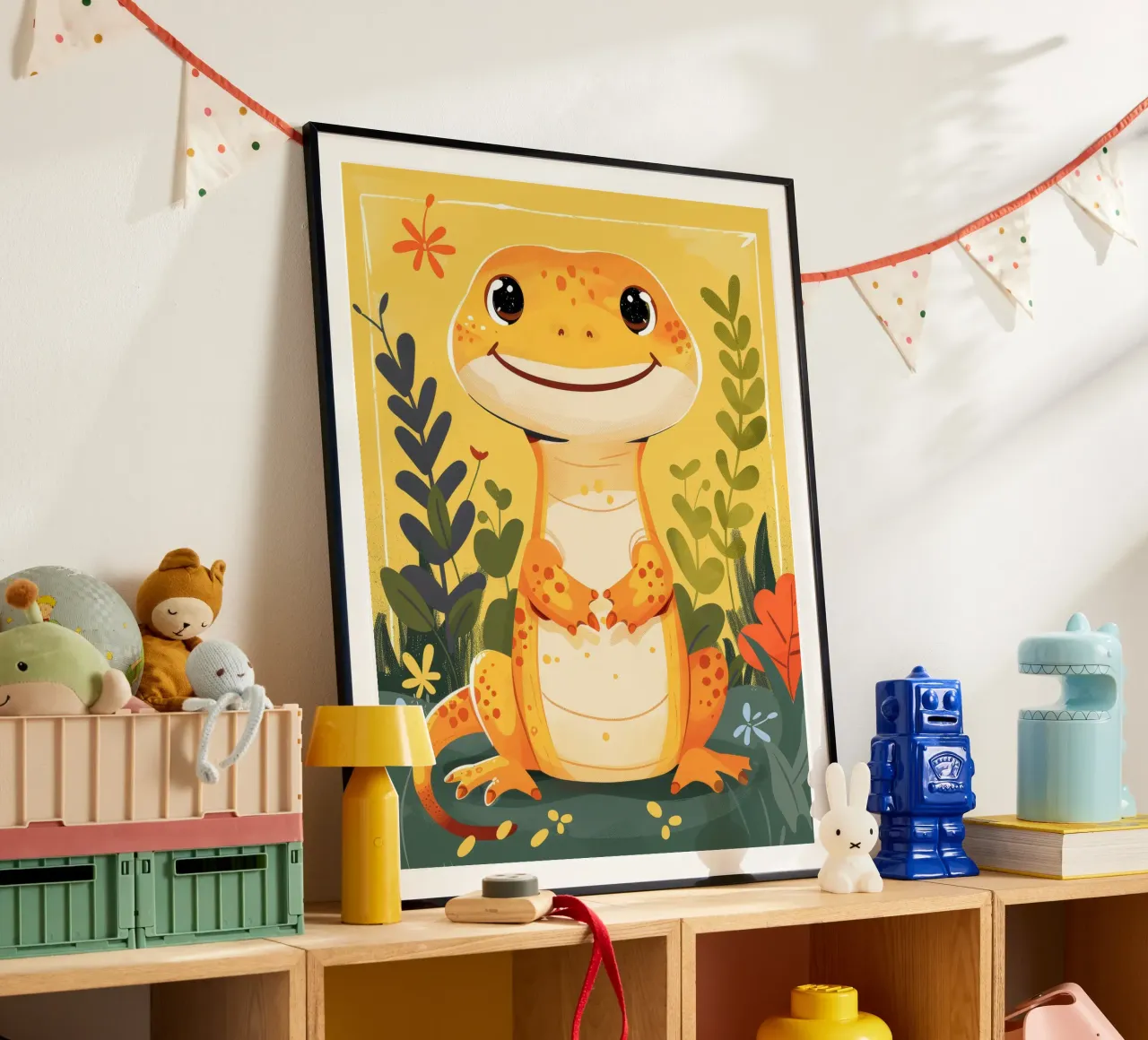 Una simpatica lucertola antropomorfa si trova in mezzo a una vegetazione lussureggiante poster con telaio in plastica da DesignDoodle