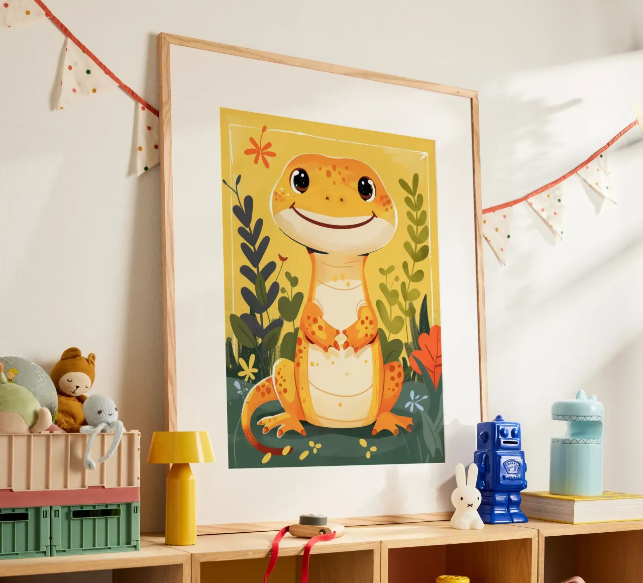 Una simpatica lucertola antropomorfa si trova in mezzo a una vegetazione lussureggiante poster con telaio in plastica da DesignDoodle