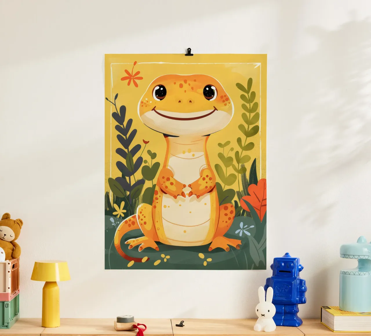 Una simpatica lucertola antropomorfa si trova in mezzo a una vegetazione lussureggiante poster con telaio in plastica da DesignDoodle