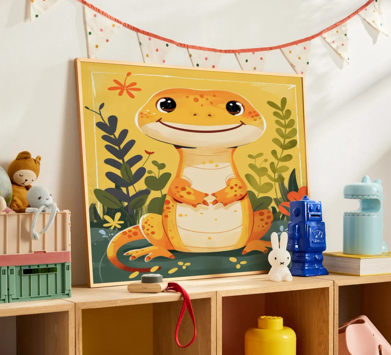 Una simpatica lucertola antropomorfa si trova in mezzo a una vegetazione lussureggiante poster con telaio in plastica da DesignDoodle