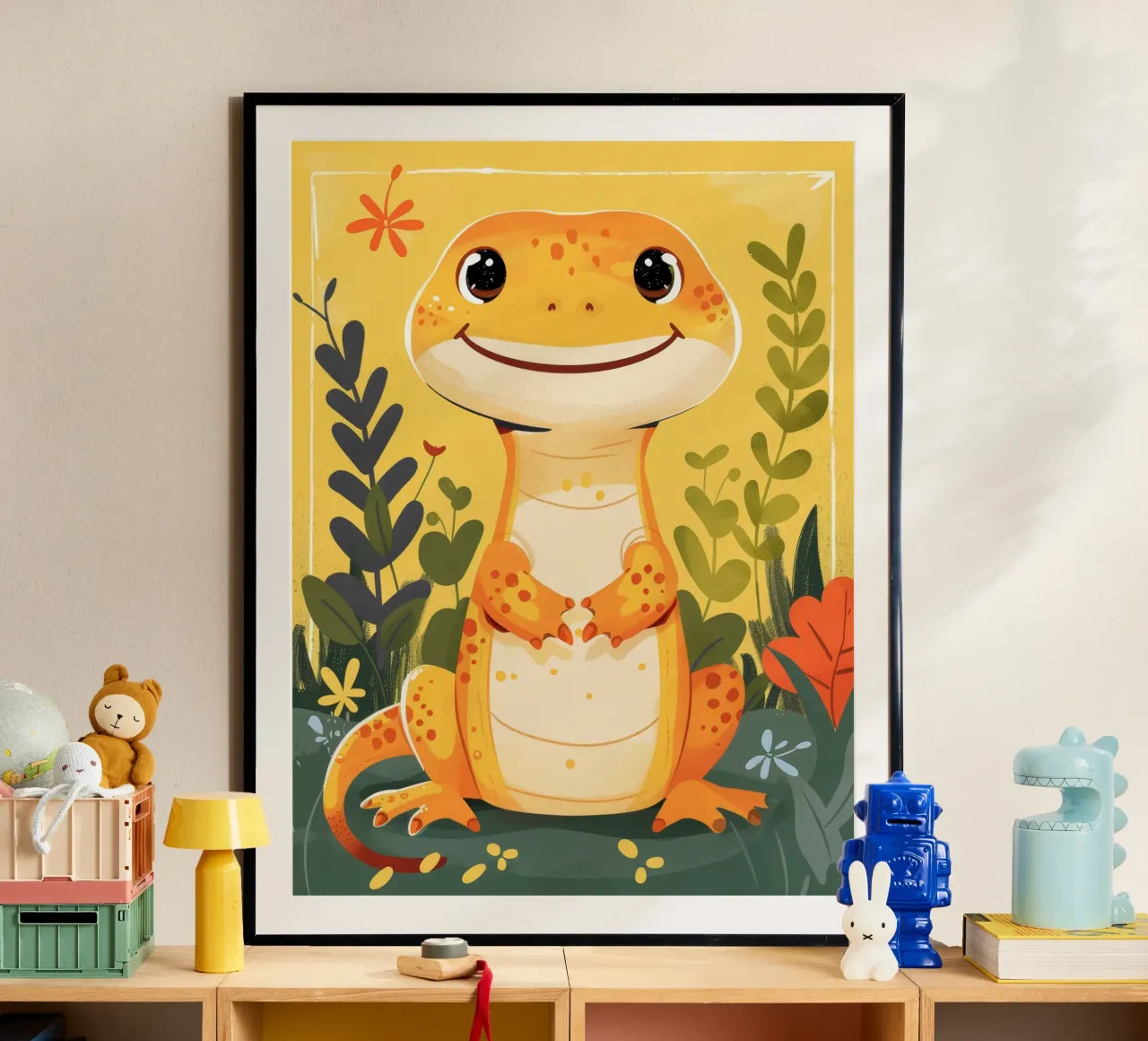 Una simpatica lucertola antropomorfa si trova in mezzo a una vegetazione lussureggiante poster con telaio in plastica da DesignDoodle