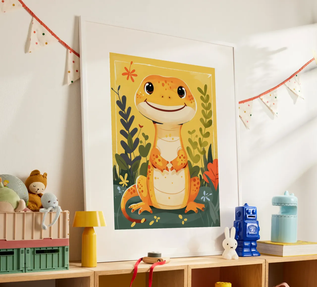 Una simpatica lucertola antropomorfa si trova in mezzo a una vegetazione lussureggiante poster con telaio in plastica da DesignDoodle