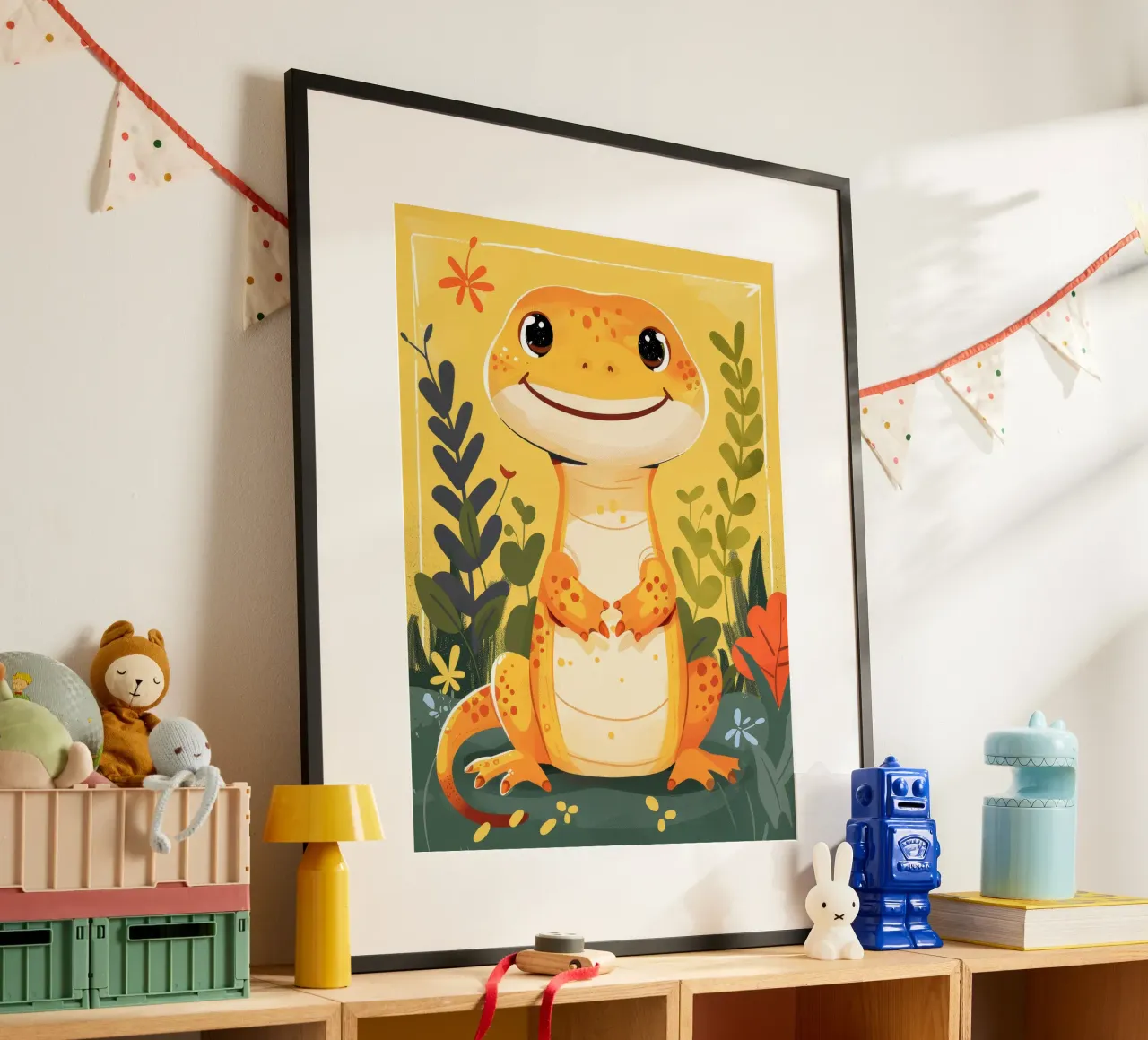 Una simpatica lucertola antropomorfa si trova in mezzo a una vegetazione lussureggiante poster con telaio in plastica da DesignDoodle