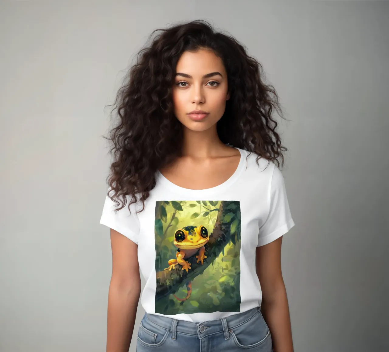 Bright orange frog resting on a branch in lush green forest women's fitted t-shirt by DesignDoodle
