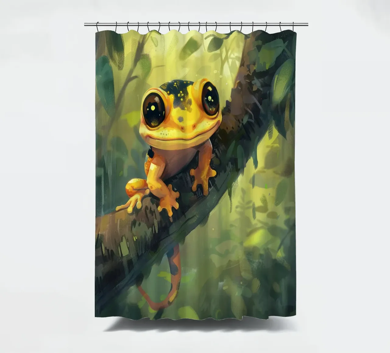 Bright orange frog resting on a branch in lush green forest shower curtain by DesignDoodle