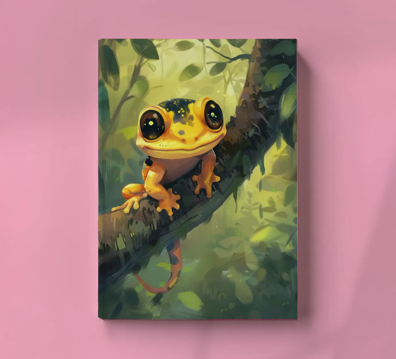 Bright orange frog resting on a branch in lush green forest notebook by DesignDoodle