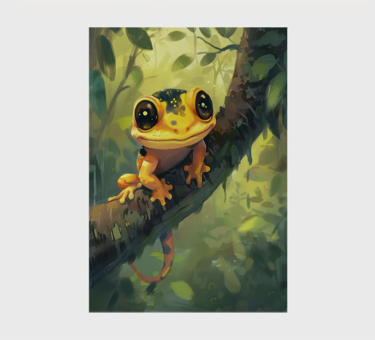 Bright orange frog resting on a branch in lush green forest notebook by DesignDoodle