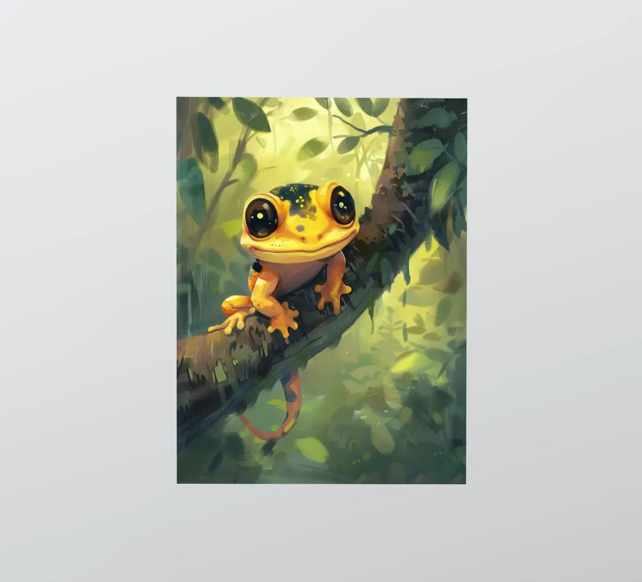 Grenouille orange vif se reposant sur une branche dans une forêt verdoyante autocollant de DesignDoodle