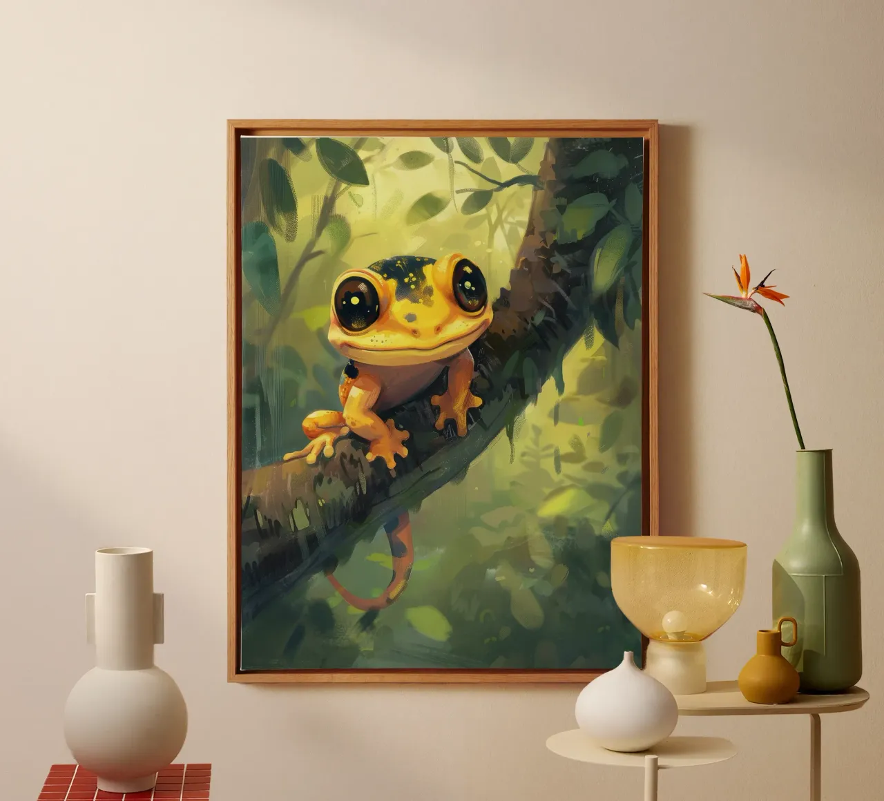 Bright orange frog resting on a branch in lush green forest canvas by DesignDoodle