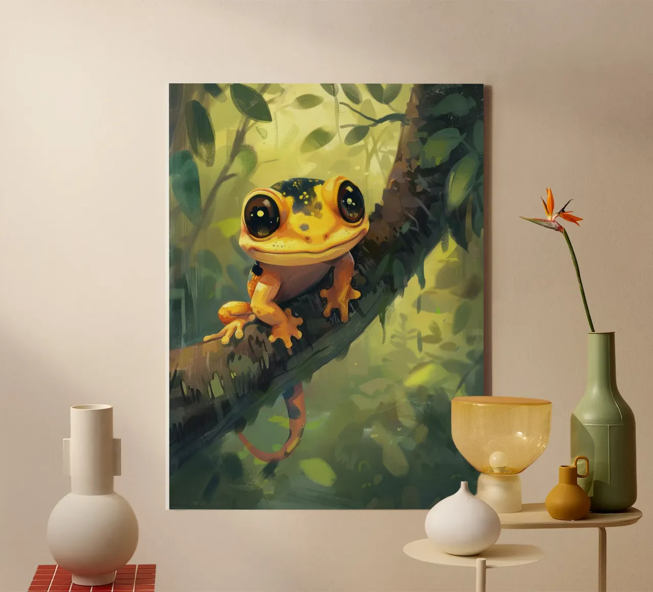 Bright orange frog resting on a branch in lush green forest canvas by DesignDoodle